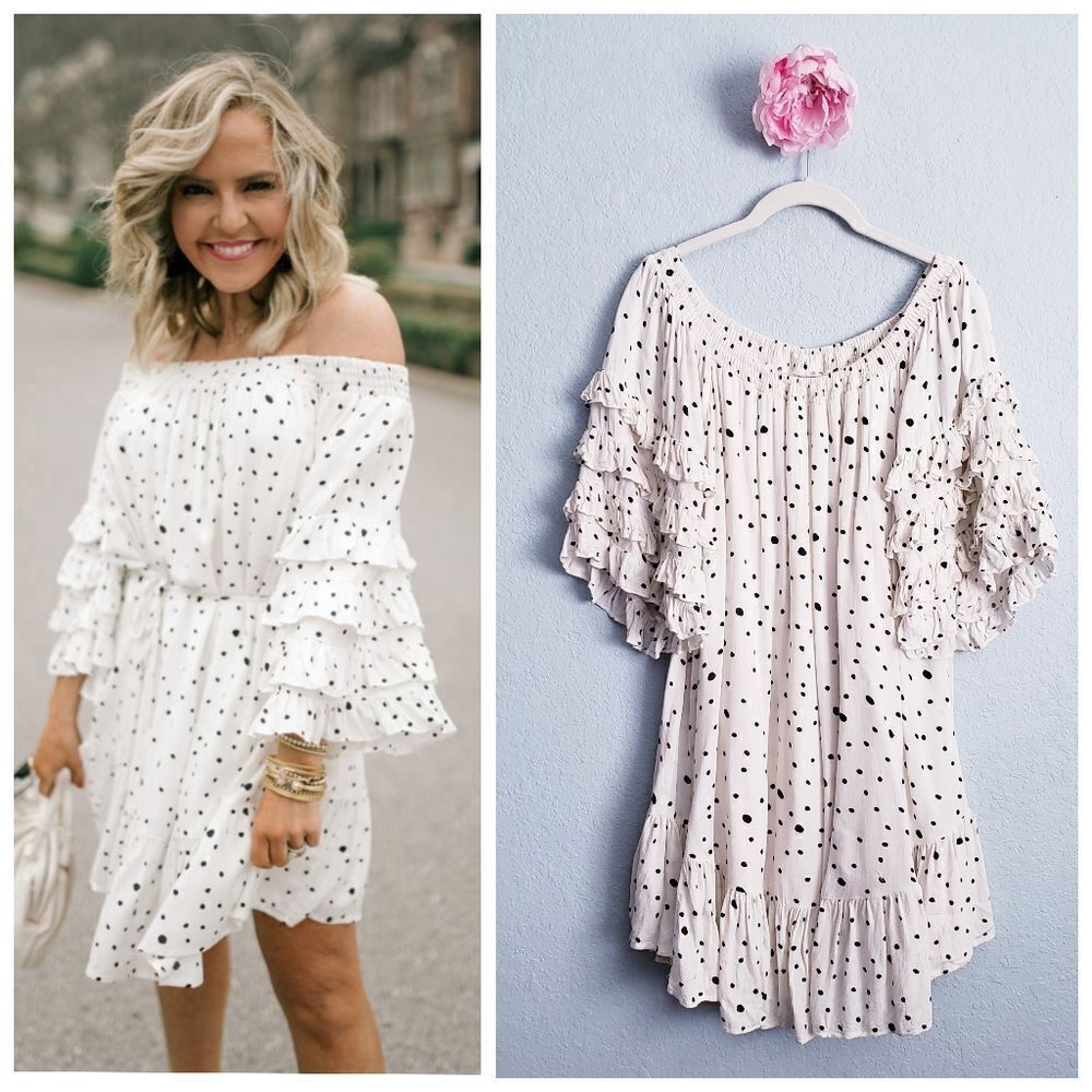Vici Off-Shoulder Polka Dot Dress with Ruffle Sleeves